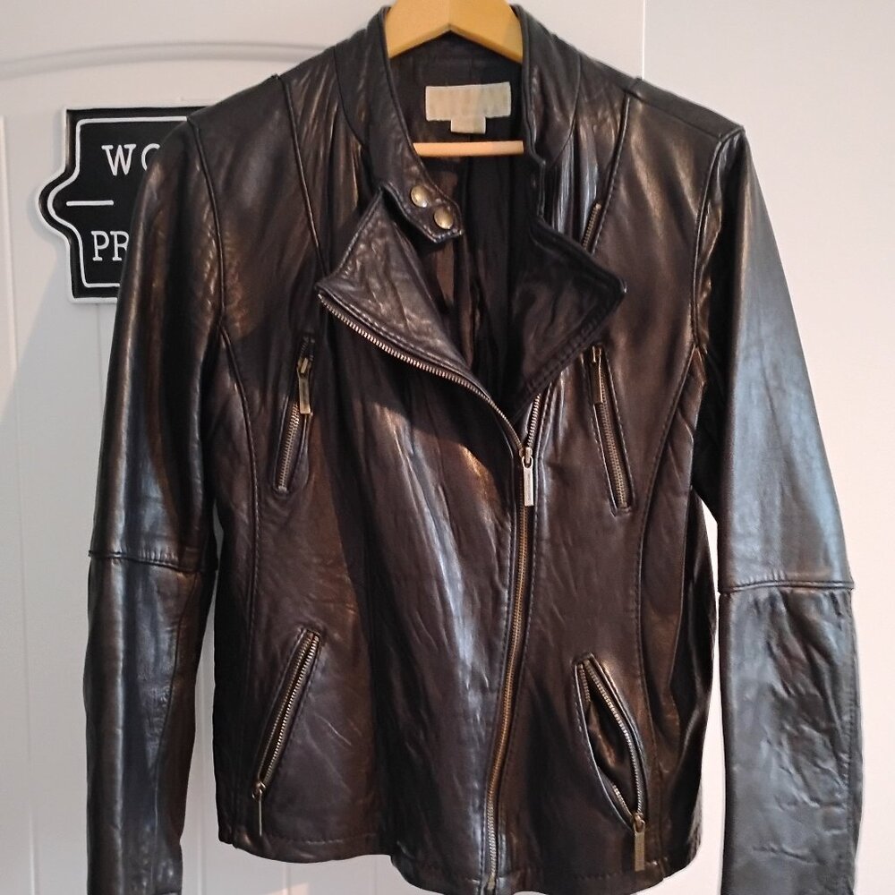 Michael Kors Black Leather Moto Jacket size XL